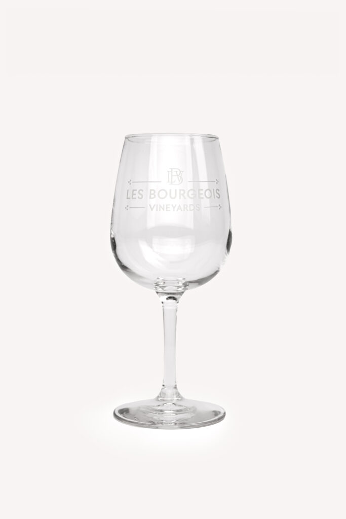 Stemmed wine glass with Les Bourgeois Vineyards logo
