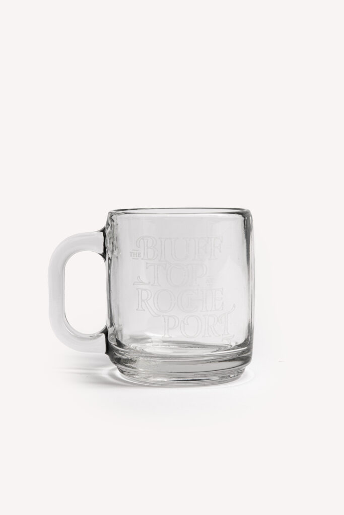 Glass mug with The Blufftop logo