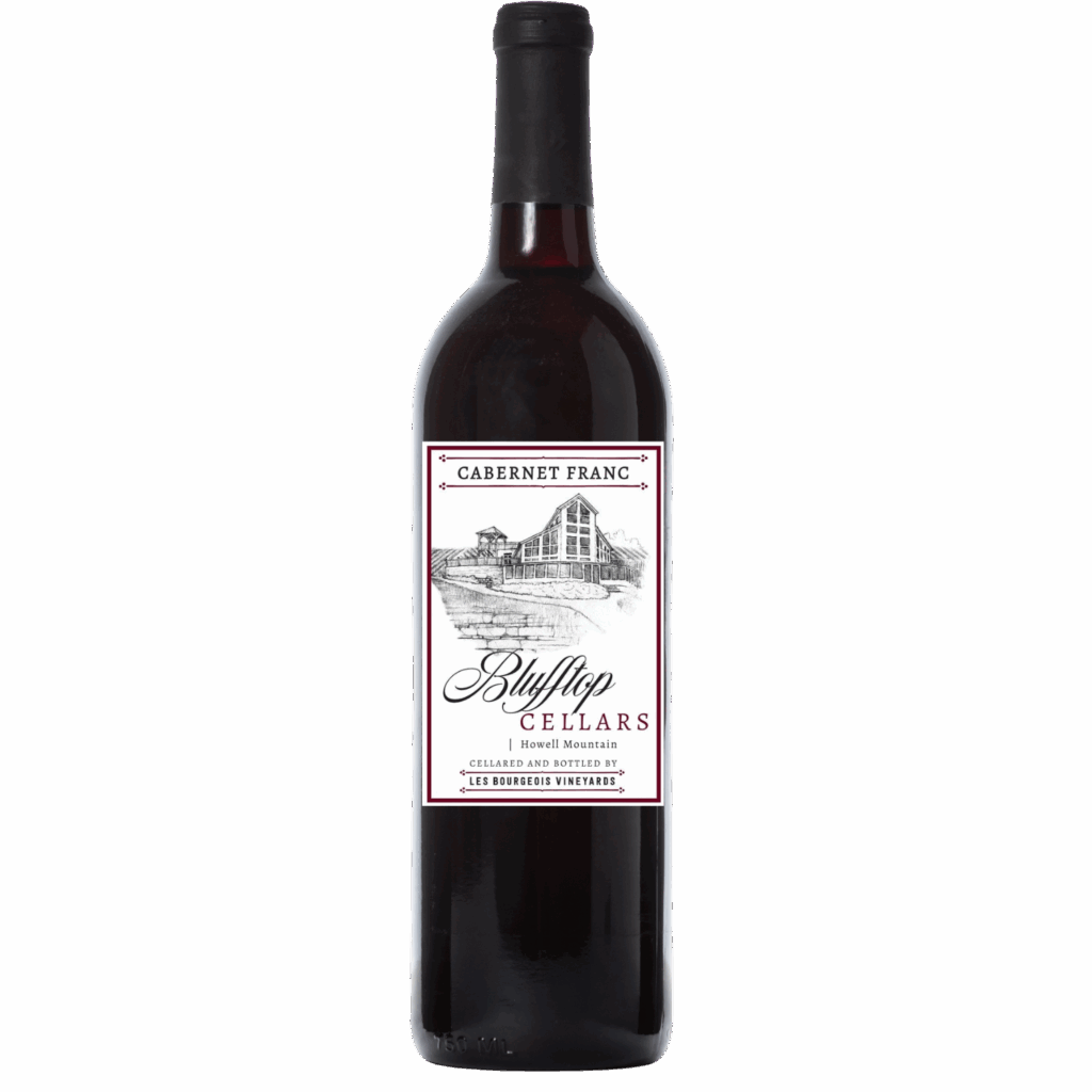The wine label showcases an illustration of a large house atop a hill, with text reading "Blufftop Cellars: 2022 Cabernet Franc," "Howell Mountain," and "Cellared and Bottled by Les Bourgeois Vineyards." The color scheme is maroon and white.