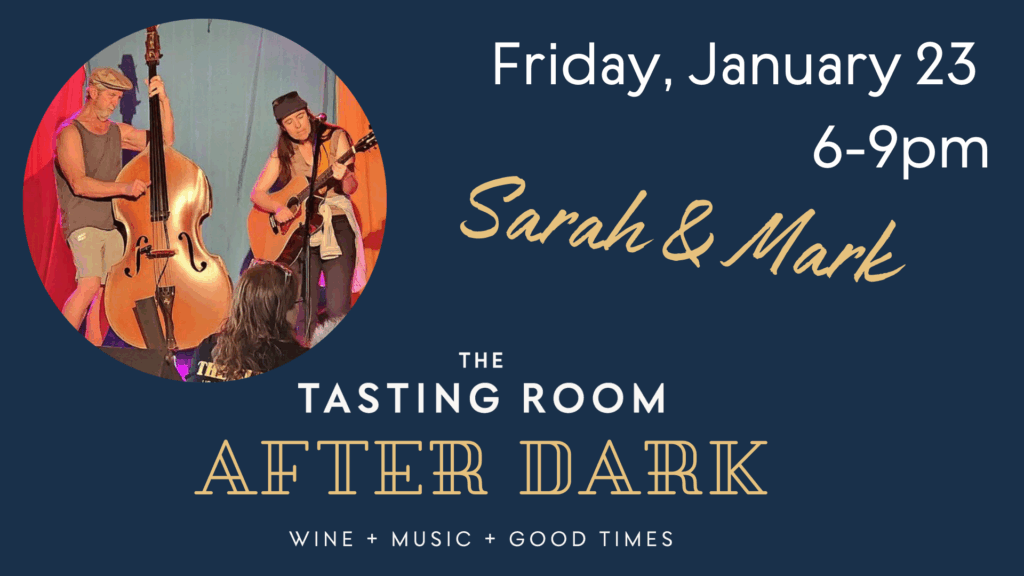 Blue background with a circle picture of two people playing instruments.