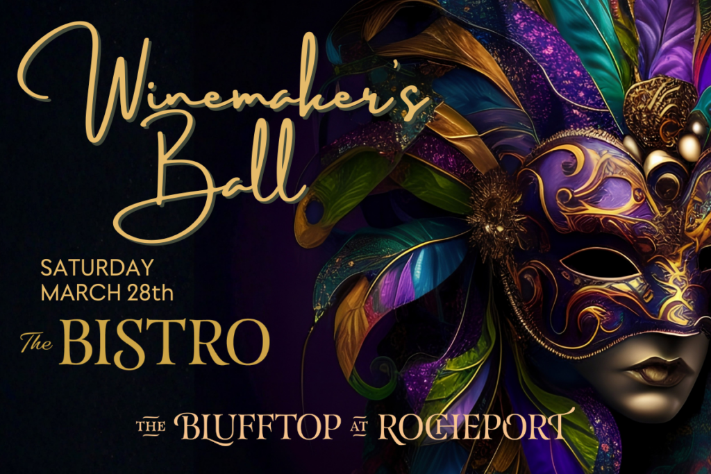 Festive Mardi Gras mask in multiple colors set on a black background. Join us for the Annual Winemaker's Ball! Saturday, March 28th at The Bistro