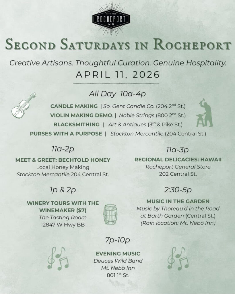 Light green back ground with lots of text about different events on Aprill 11th, 2026 in Rocheport MO. There are drawings of a guitar, person working a anvil, barrel, and music notes.
