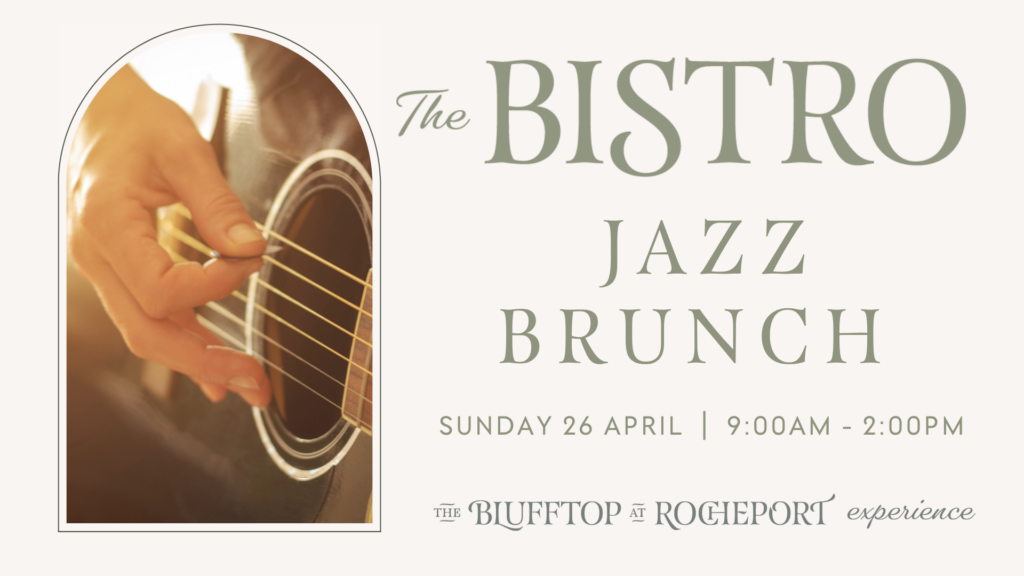 Hand playing guitar in a rounded top photo on left with text on right. "Jazz Brunch" The Bistro Sunday, April 26th 9:00am - 2:00pm