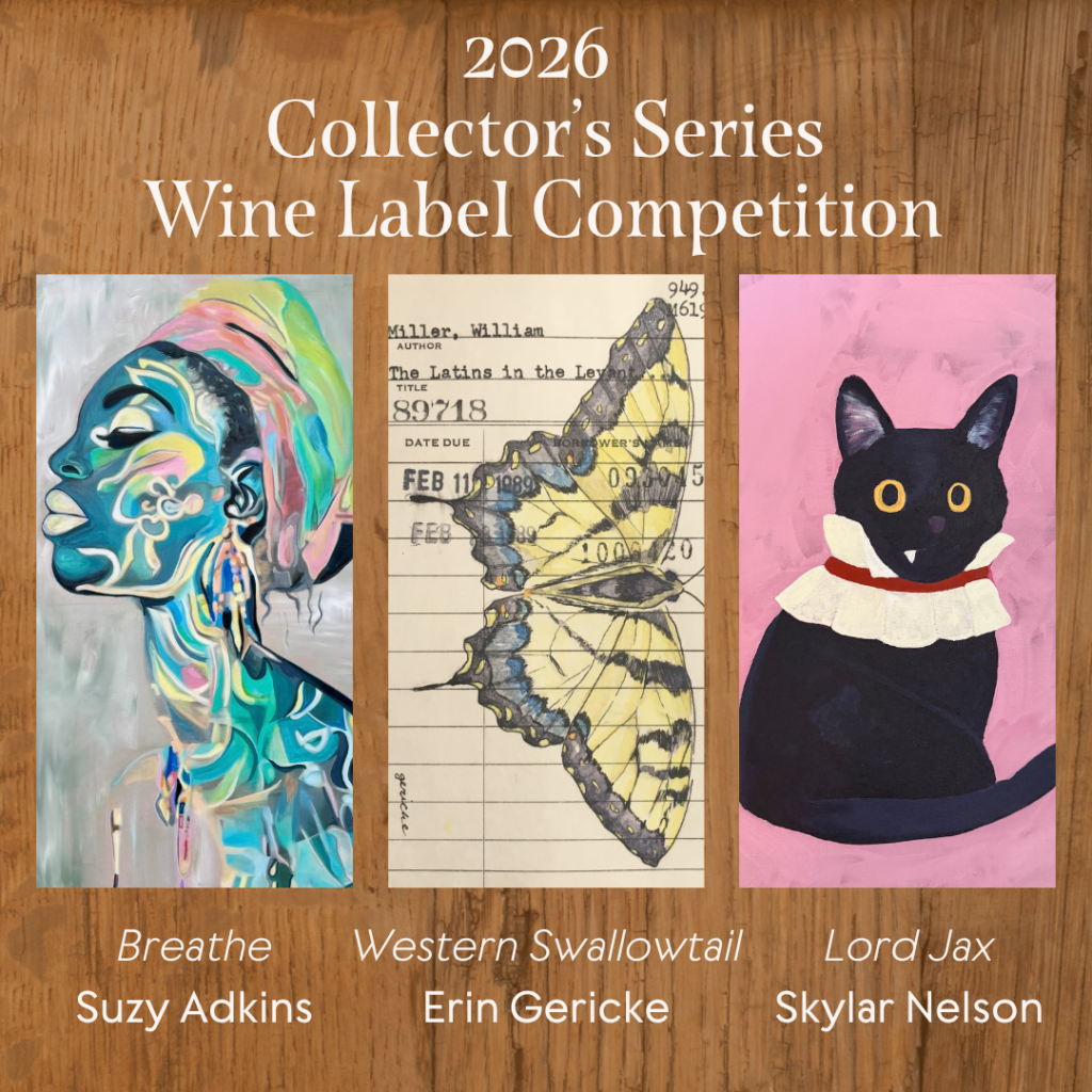 Wooden background with three art pieces in the center. 2026 Collector's Series Wine Label Competition.