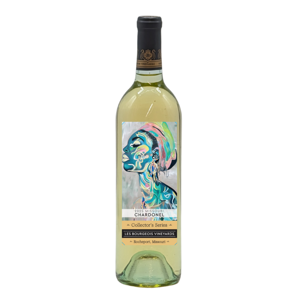 Wine bottle with white wine inside. Has a label depicting a colorful portrait of a woman. Words say: "2025 Missouri Chardonel Collector's Series Les Bourgeois Vineyards Rocheport, MO