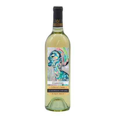 Wine bottle with white wine inside. Has a label depicting a colorful portrait of a woman. Words say: "2025 Missouri Chardonel Collector's Series Les Bourgeois Vineyards Rocheport, MO