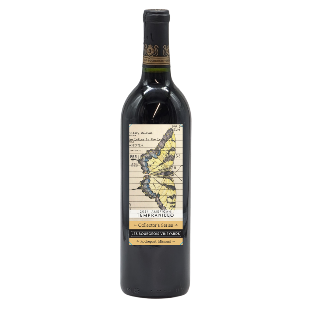 Wine bottle with red wine inside. Has a label depicting a butterfly on a library card. Words say: "2024 American Tempranillo Collector's Series Les Bourgeois Vineyards Rocheport, MO
