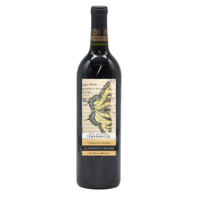 Wine bottle with red wine inside. Has a label depicting a butterfly on a library card. Words say: "2024 American Tempranillo Collector's Series Les Bourgeois Vineyards Rocheport, MO