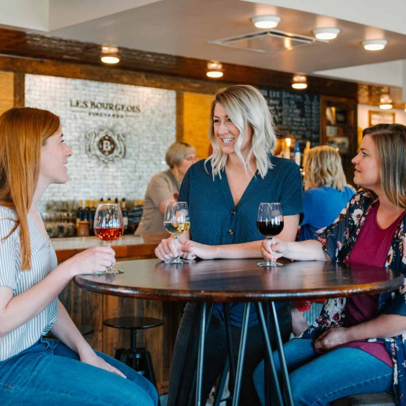 Three women sit at a round high-top table in a cozy bar, each holding a glass of wine. They are engaged in conversation and smiling. The background features a bar counter, bottles, and a sign that reads "Les Bourgeois.